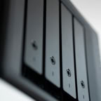 Detailed view of a black data storage unit highlighting modern technology and data management.
